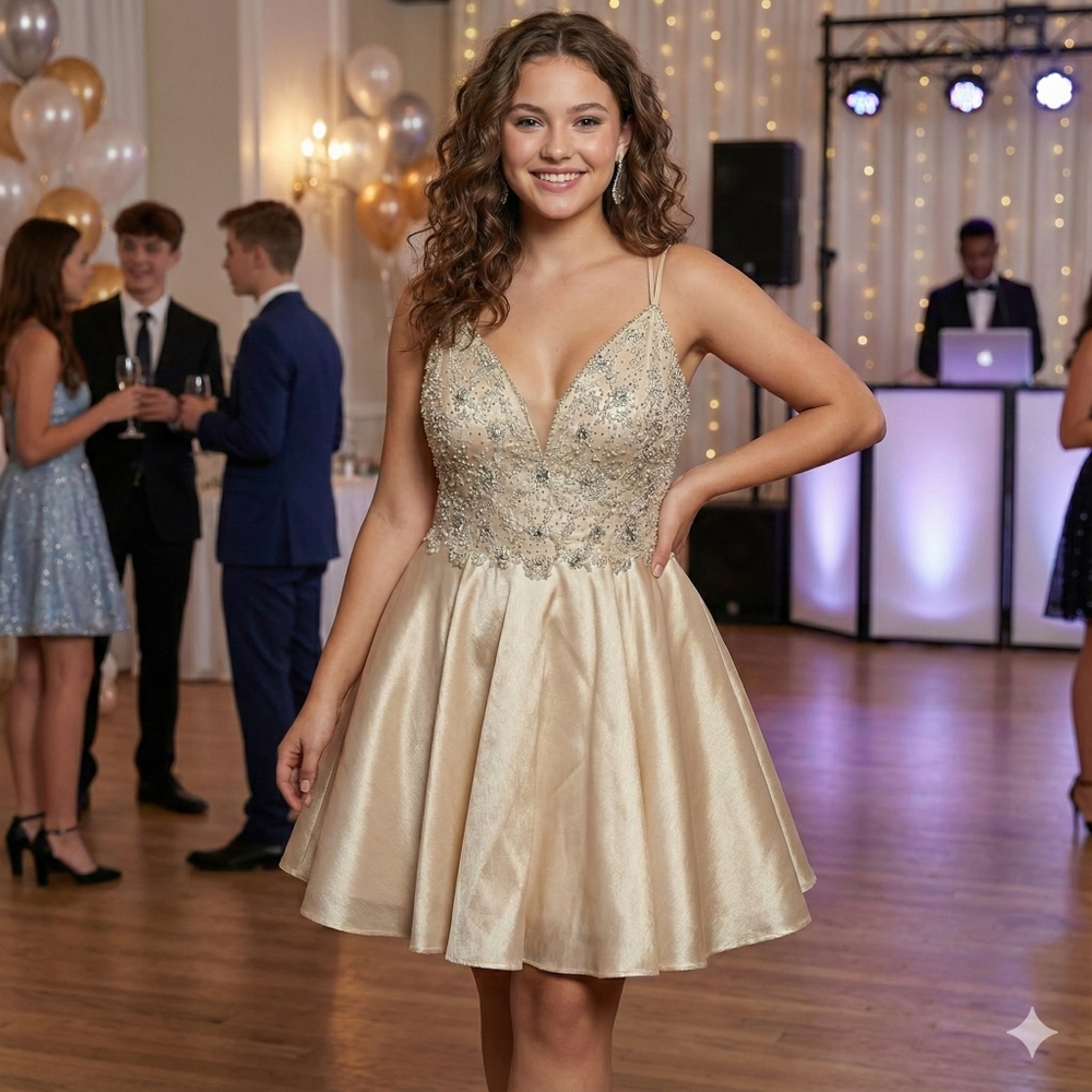 NWT Size 11 GB Embellished Champagne Gold Mini Dress
